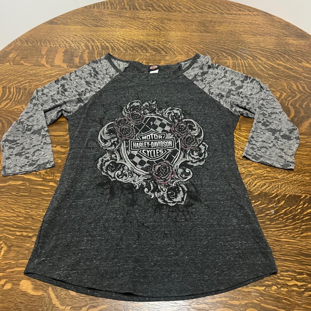 Harley-Davidson Graphic Top Women XL Gray Lace‎ Raglan Sleeve Rhinestone 2017